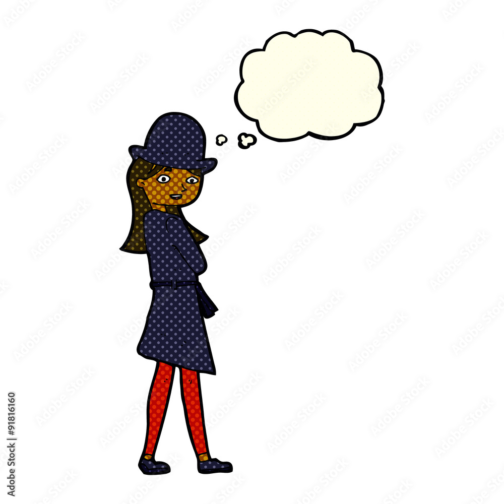 cartoon female spy with thought bubble cartoon female spy with thought bubble