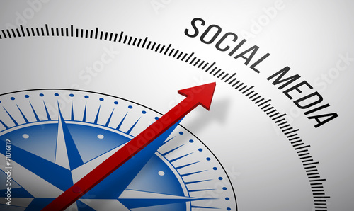 3D rendering of a compass with a Social Media icon.