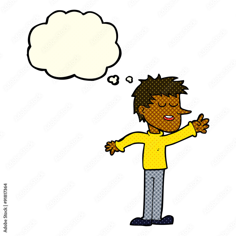 cartoon happy man reaching with thought bubble cartoon happy man reaching with thought bubble