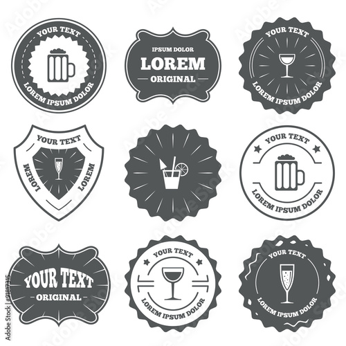 Alcoholic drinks signs. Champagne, beer icons.