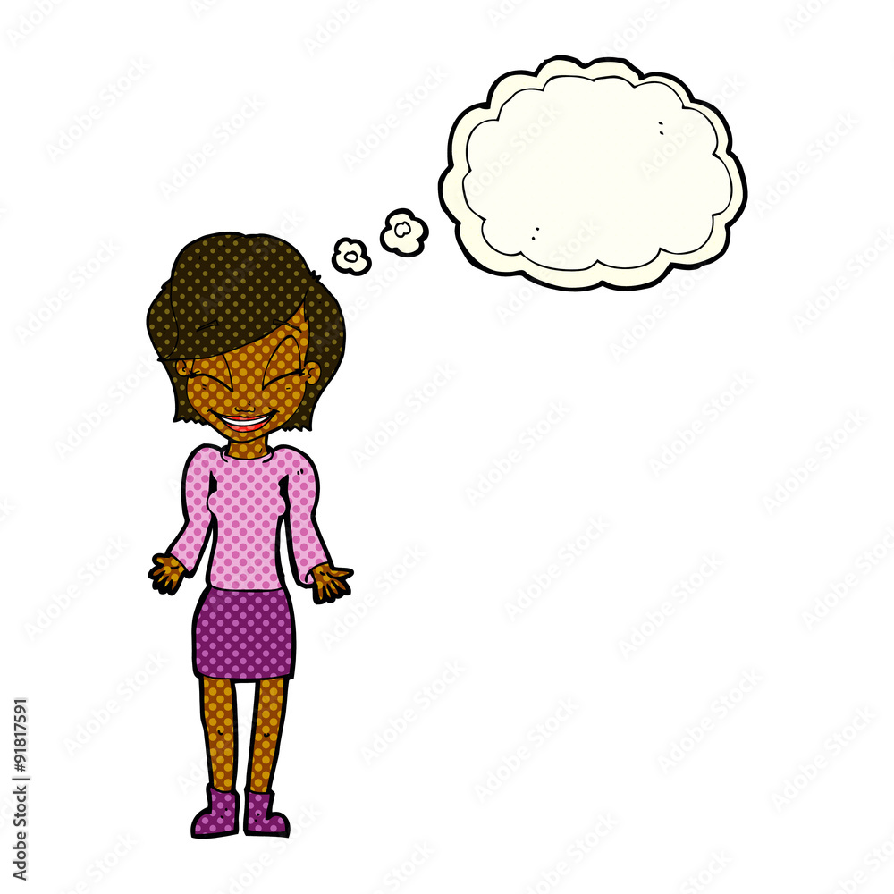 cartoon happy woman shrugging shoulders with thought bubble cartoon happy woman shrugging shoulders with thought bubble