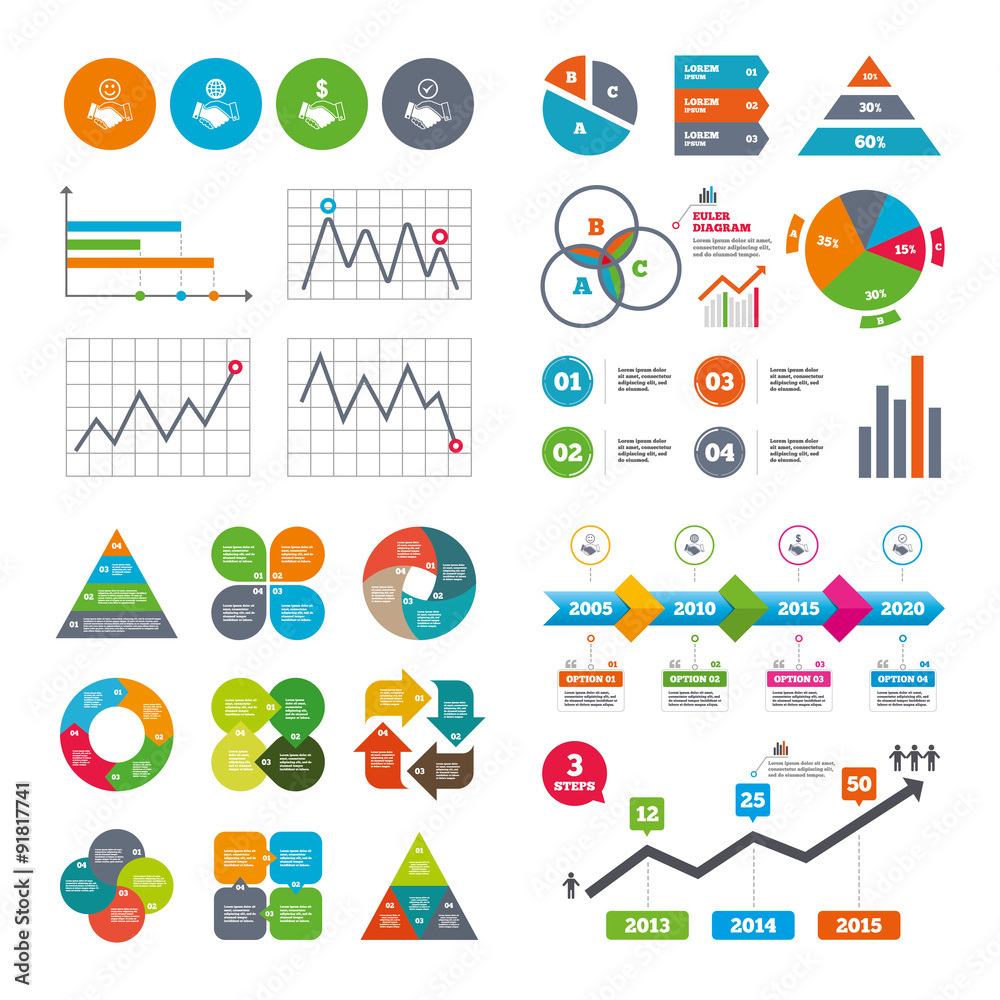 Handshake icons. World, Smile happy face.