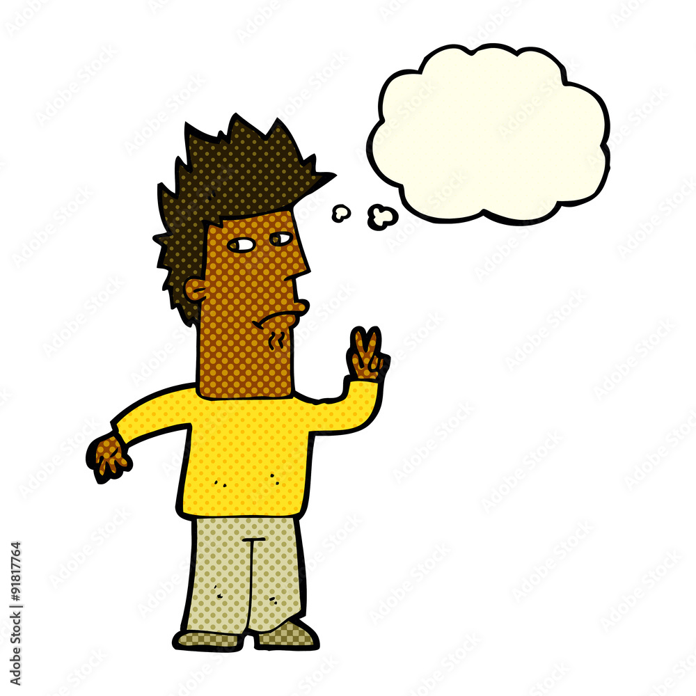 cartoon man giving peace sign with thought bubble cartoon man giving peace sign with thought bubble