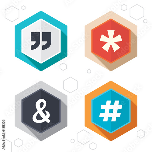 Quote, asterisk footnote icons. Hashtag symbol.