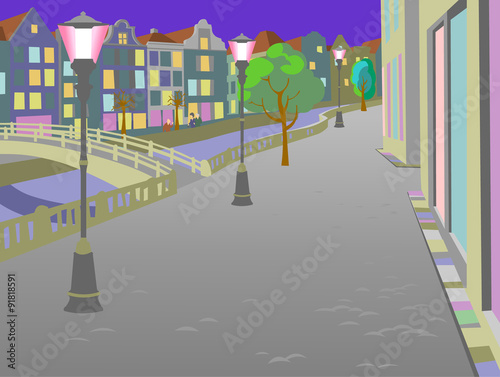 The summer evening on the riverfront area. Illustration of the embankment in an european city with the bridge, red lamps, trees, a footpath and with buildings and a river in the background. Poster.