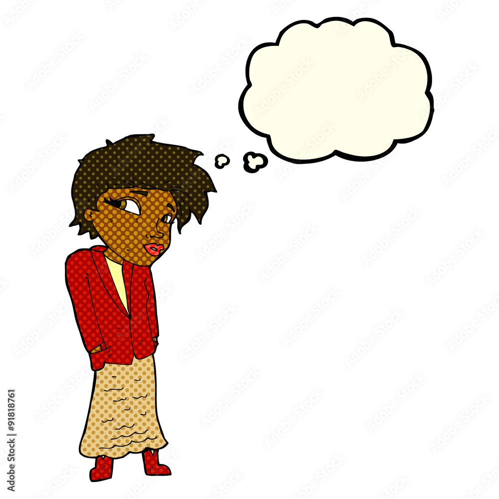 cartoon woman with hands in pockets with thought bubble cartoon woman with hands in pockets with thought bubble