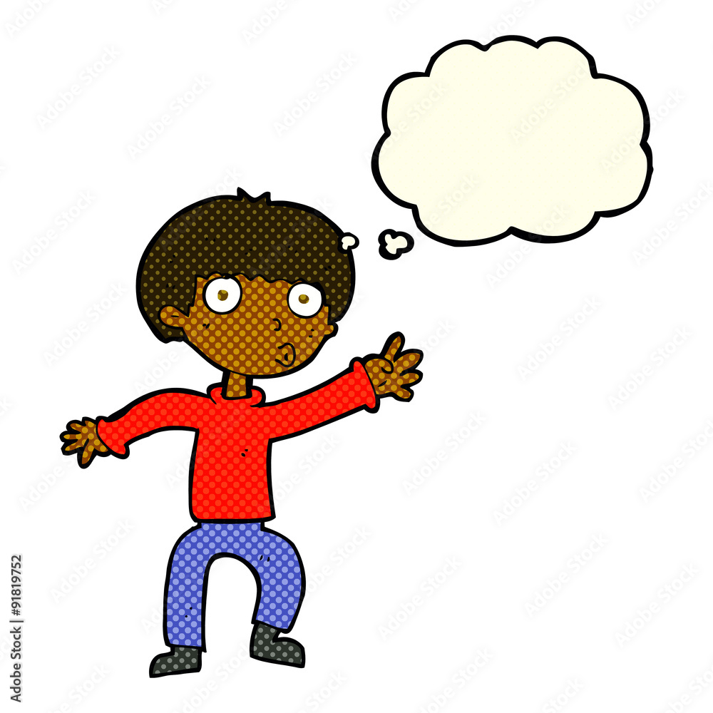 cartoon boy waving warning with thought bubble cartoon boy waving warning with thought bubble