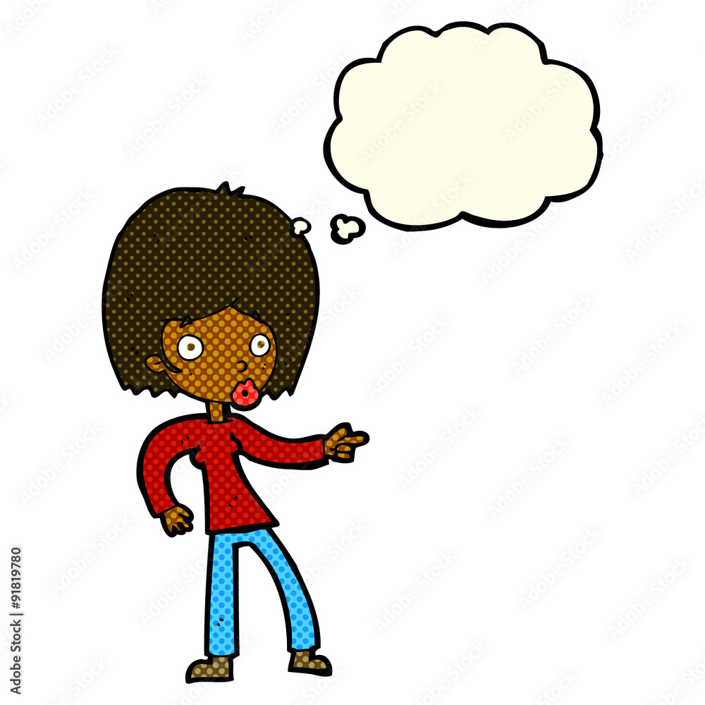 cartoon woman pointing with thought bubble cartoon woman pointing with thought bubble