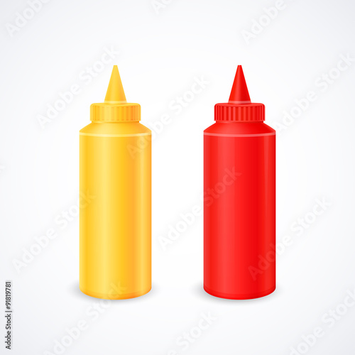 Bottles of ketchup and mustard isolated on white, stock vector graphic illustration