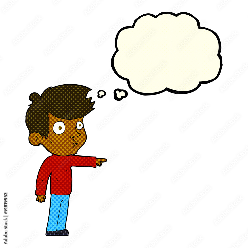 cartoon pointing boy with thought bubble cartoon pointing boy with thought bubble