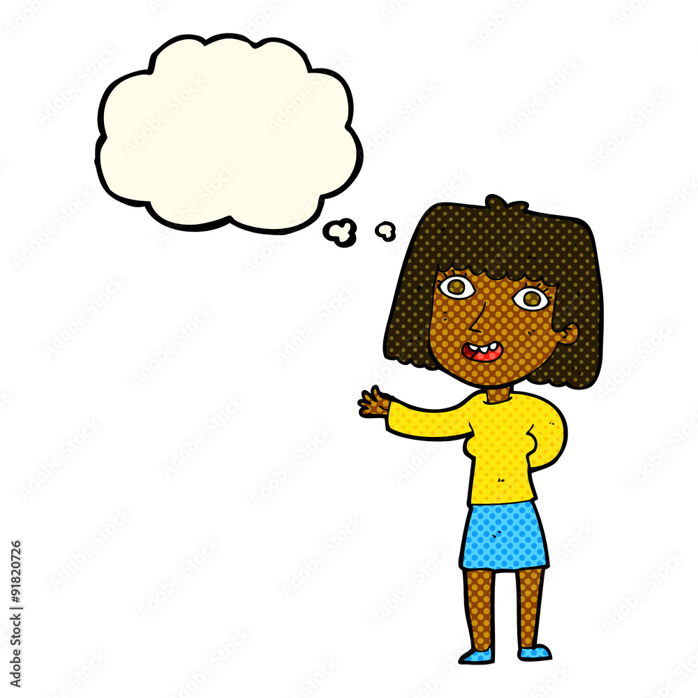 cartoon friendly woman waving with thought bubble