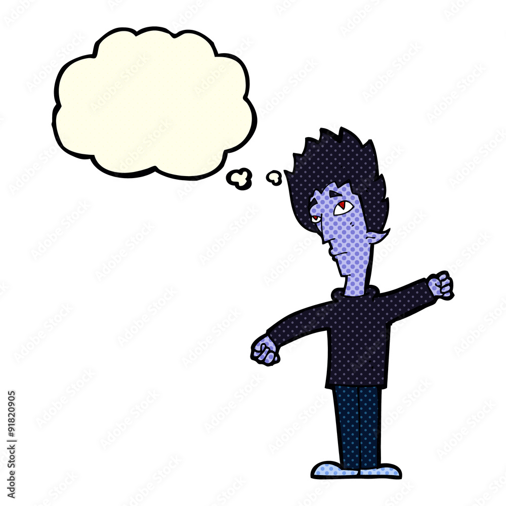 cartoon vampire man with thought bubble