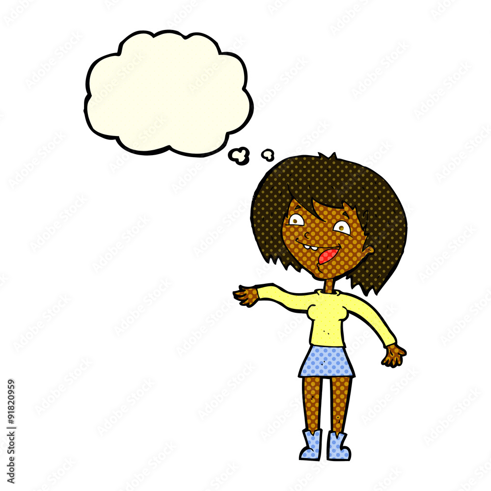 cartoon waving woman with thought bubble cartoon waving woman with thought bubble