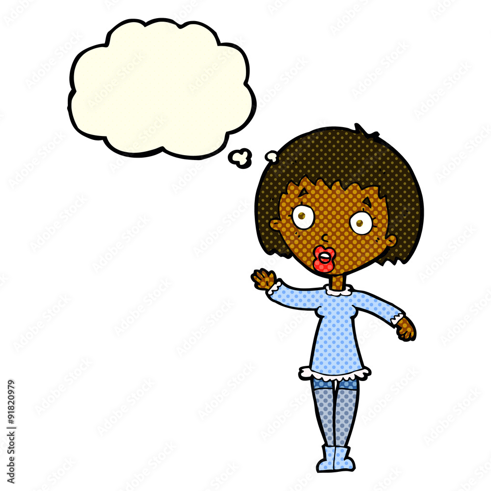 cartoon waving woman with thought bubble cartoon waving woman with thought bubble