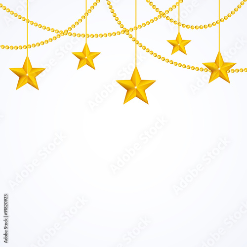 Card template with hanging yellow gold stars, shiny beads isolated on white background with copyspace for your text, stock vector graphic