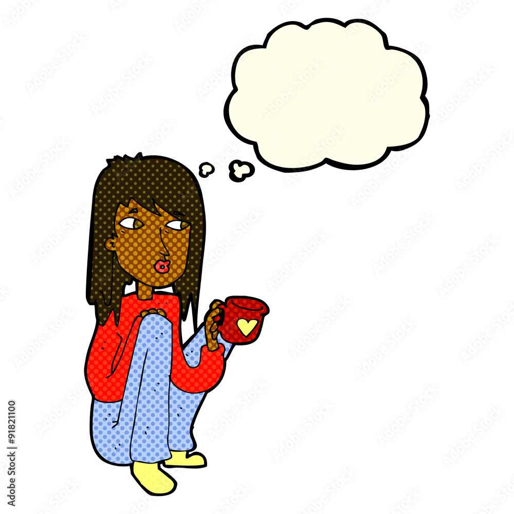 Obraz premium cartoon woman sitting with cup of coffee with thought bubble