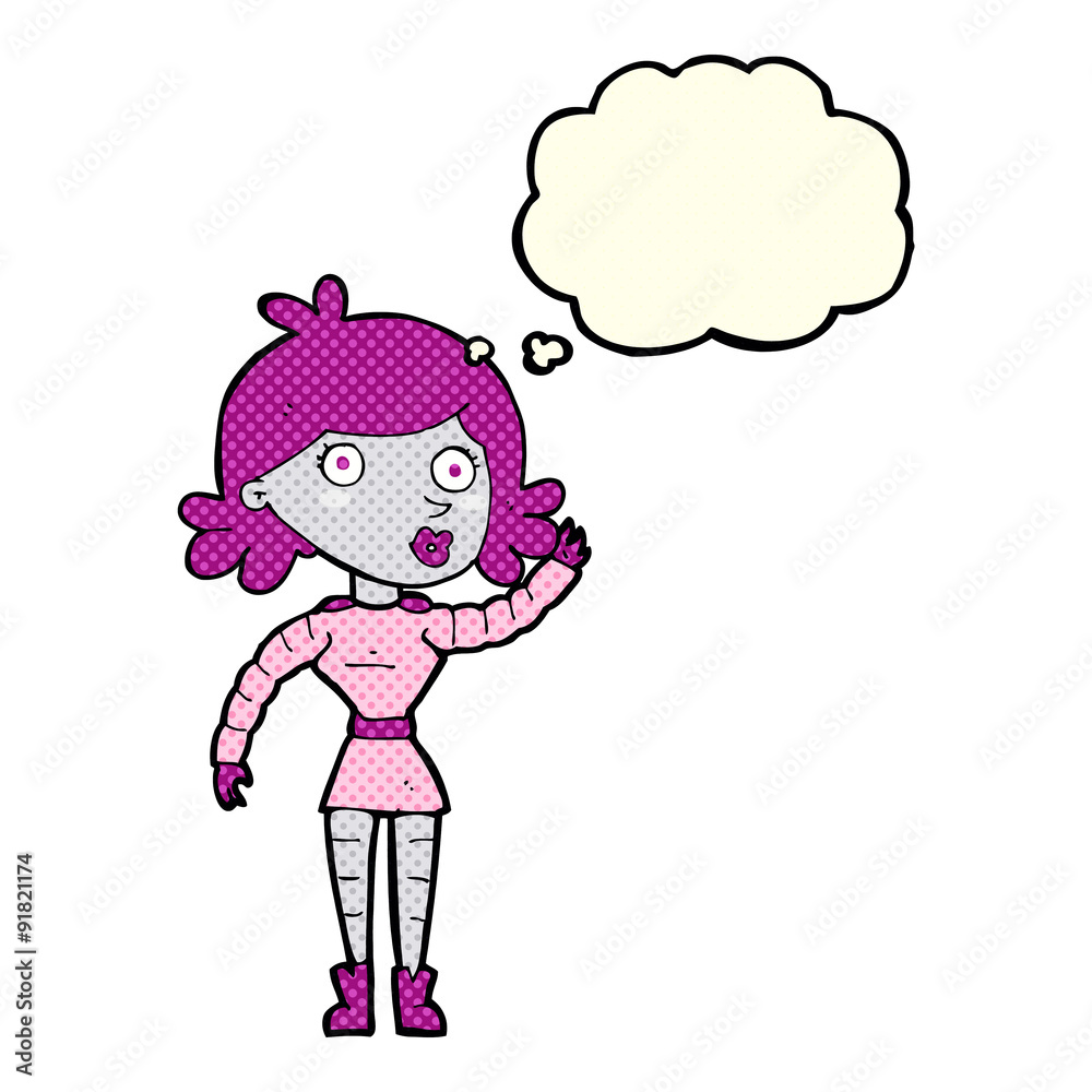 cartoon robot woman waving with thought bubble cartoon robot woman waving with thought bubble
