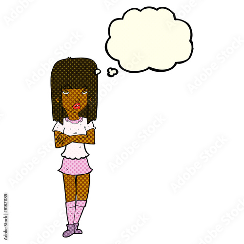 cartoon girl with crossed arms with thought bubble