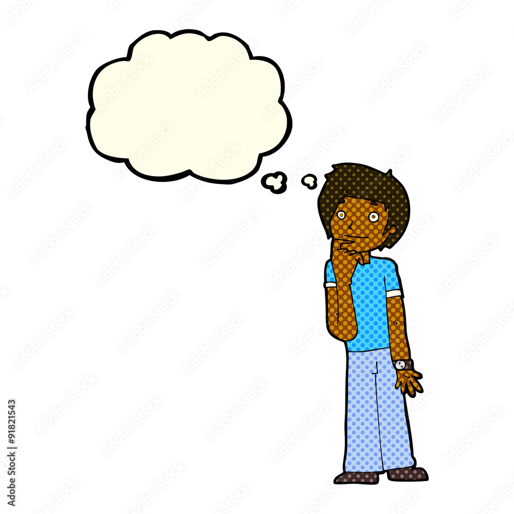 cartoon boy wondering with thought bubble cartoon boy wondering with thought bubble