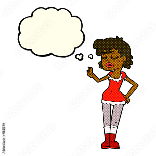 cartoon woman making dismissive gesture with thought bubble