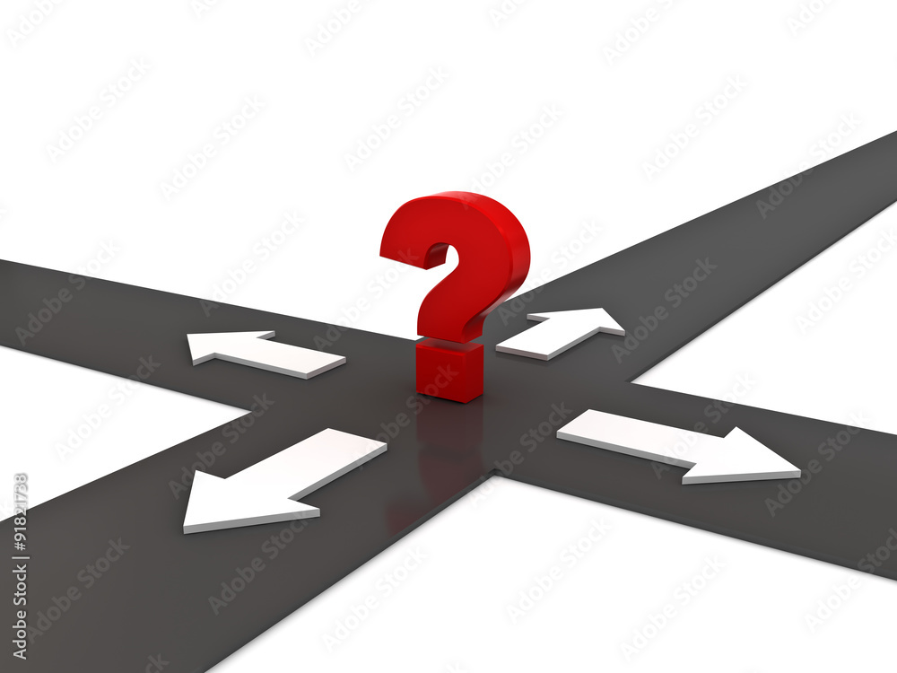 Red question mark on the crossroad with four arrow directions over white background Red question mark on the crossroad with four arrow directions over white background