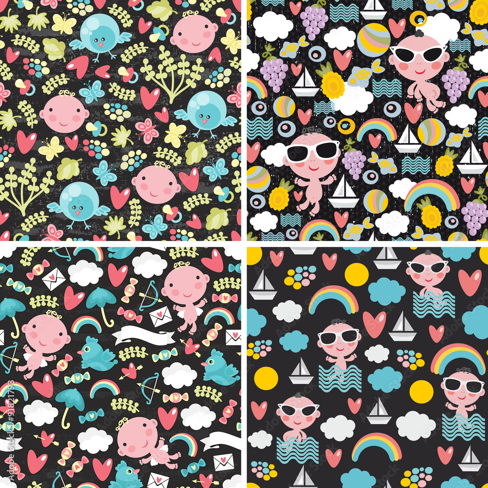Set of cute seamless patterns with happy babies. Set of cute seamless patterns with happy babies.