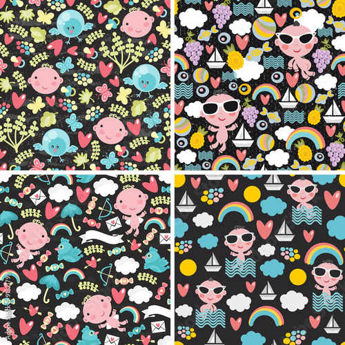 Set of cute seamless patterns with happy babies.