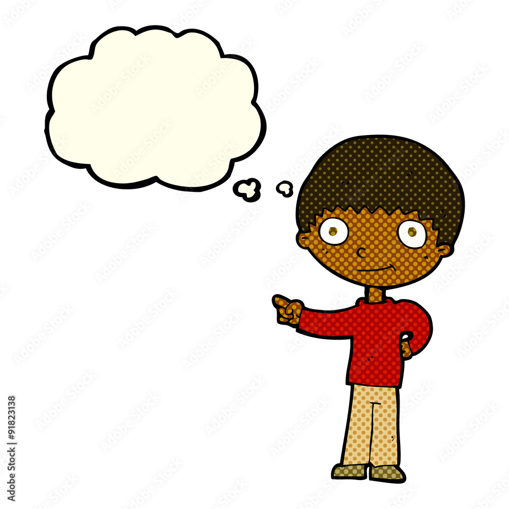 cartoon happy boy pointing with thought bubble cartoon happy boy pointing with thought bubble