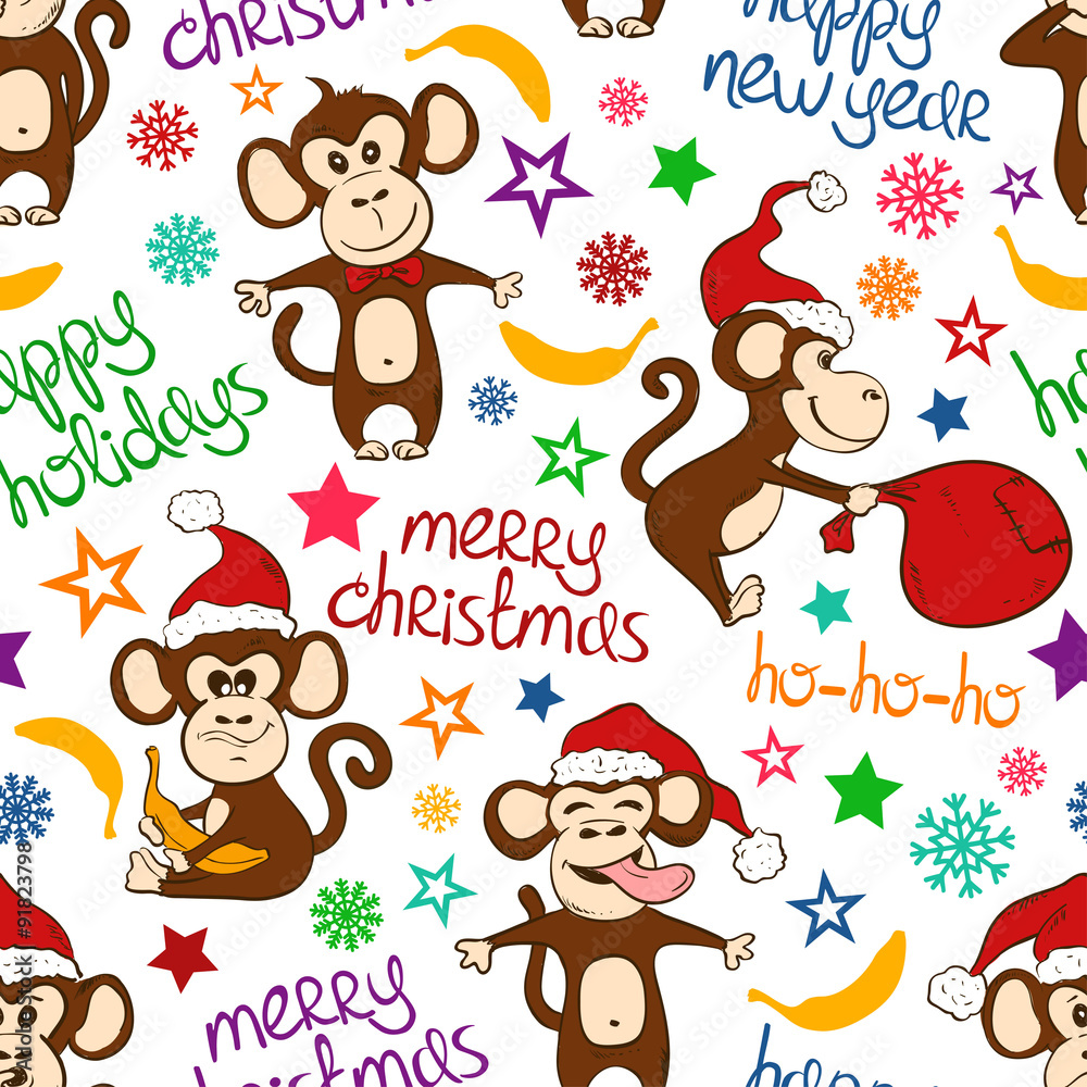 Christmas And New Year Seamless Pattern With Funny Monkey.