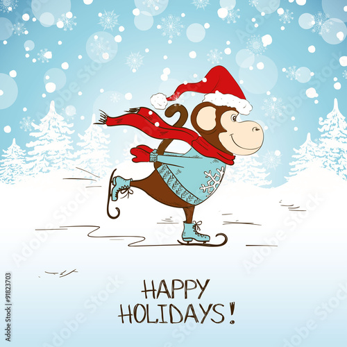 Funny Cartoon Skating Monkey.