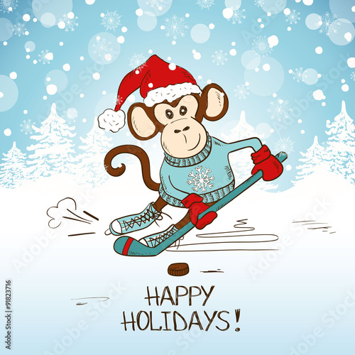 Funny Cartoon Monkey Playing Hockey.