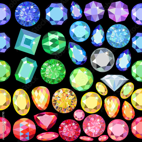 Seamless scattered gems, rhinestones isolated on black background, vector illustration