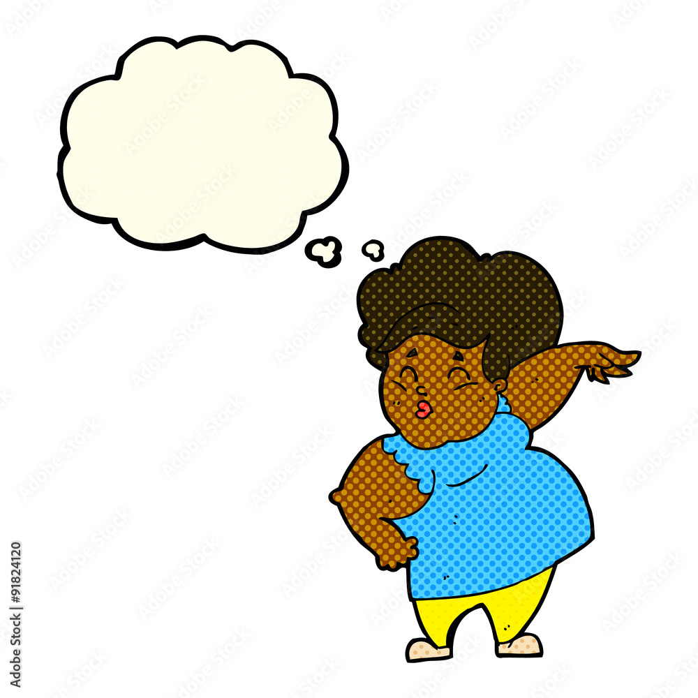 cartoon happy overweight lady with thought bubble