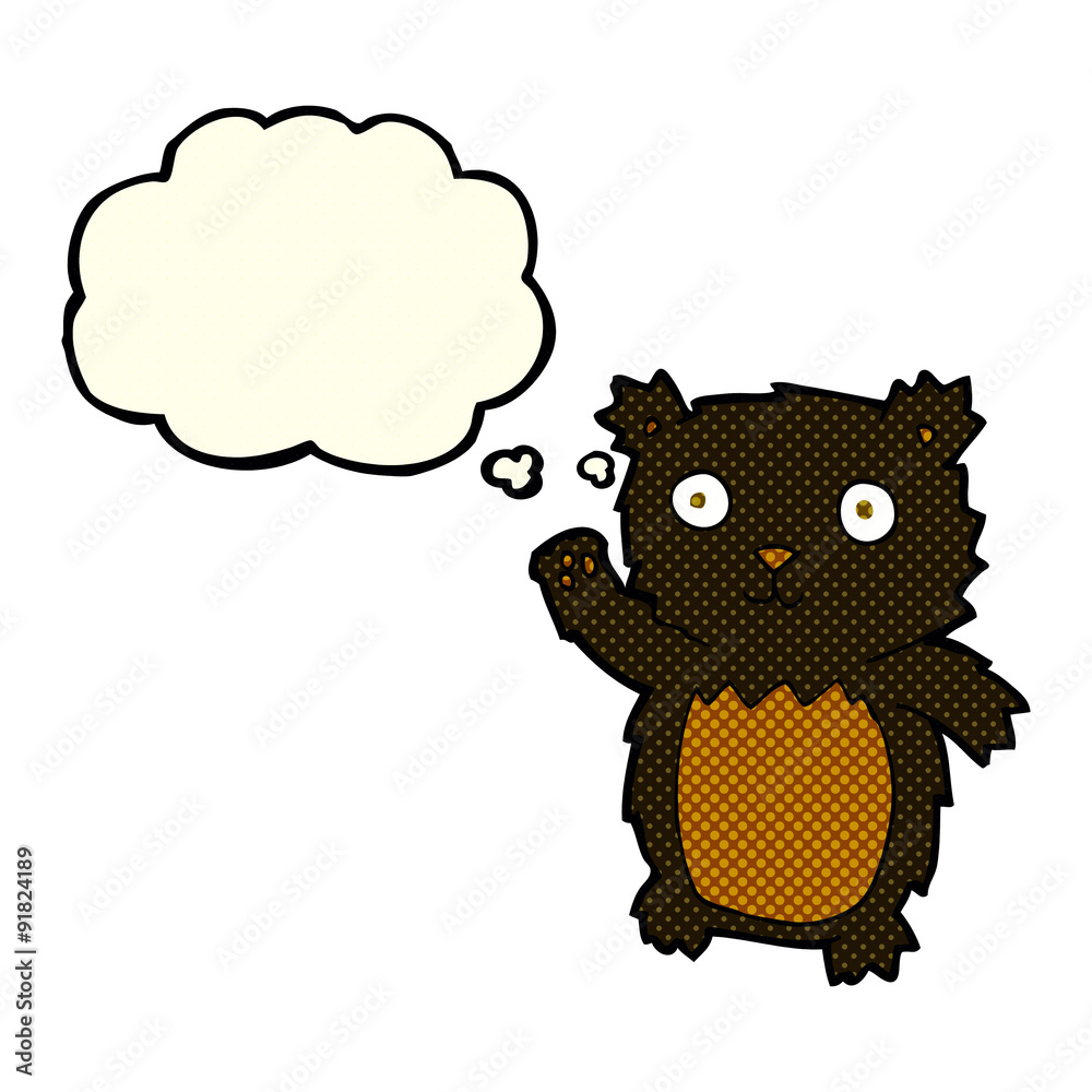 cartoon waving black bear cub with thought bubble