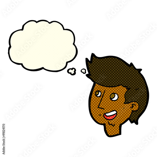 cartoon happy boy face with thought bubble