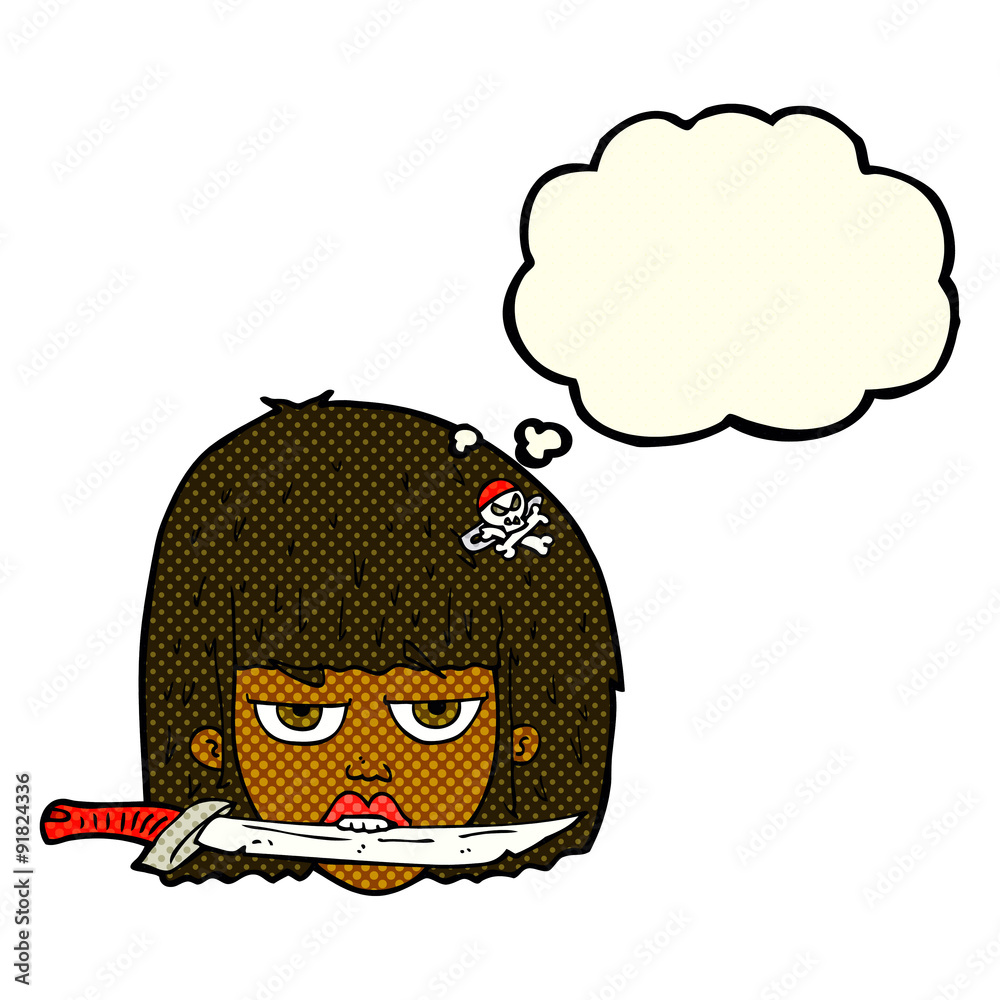cartoon woman holding knife between teeth with thought bubble cartoon woman holding knife between teeth with thought bubble