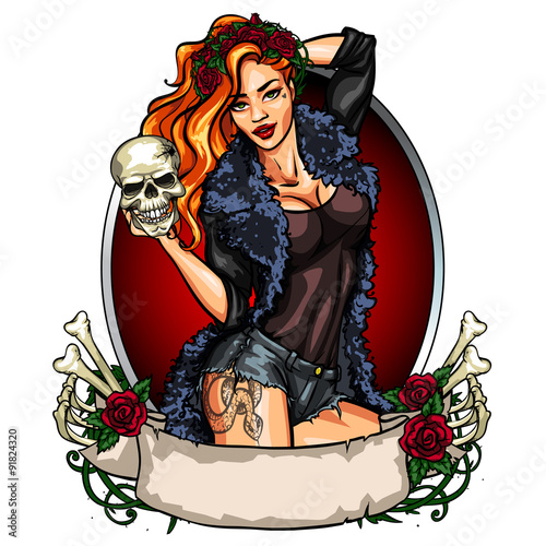 Pretty witch holding a skull. 
