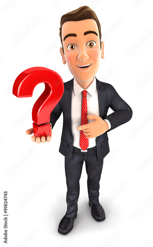 3d businessman holds a question mark 3d businessman holds a question mark