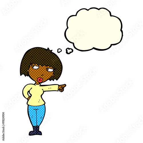 cartoon annoyed woman pointing with thought bubble
