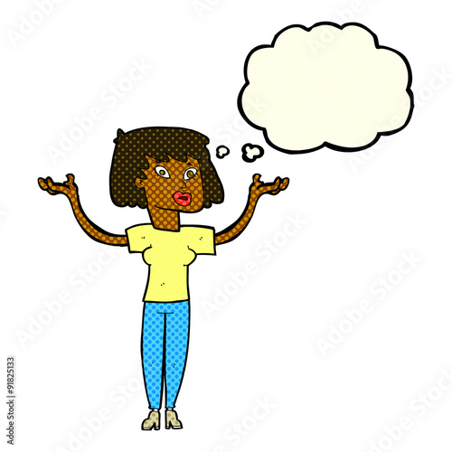 cartoon woman holding up hands with thought bubble