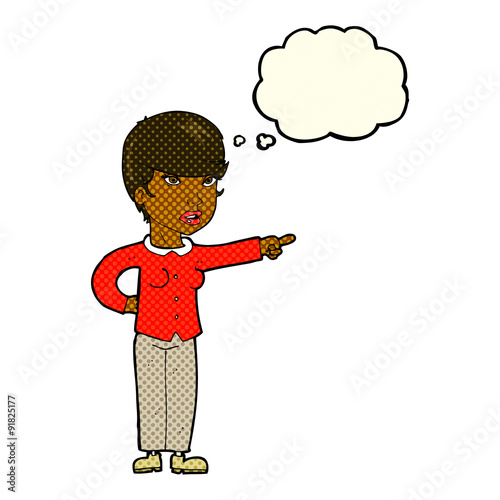 cartoon woman pointing finger of blame with thought bubble
