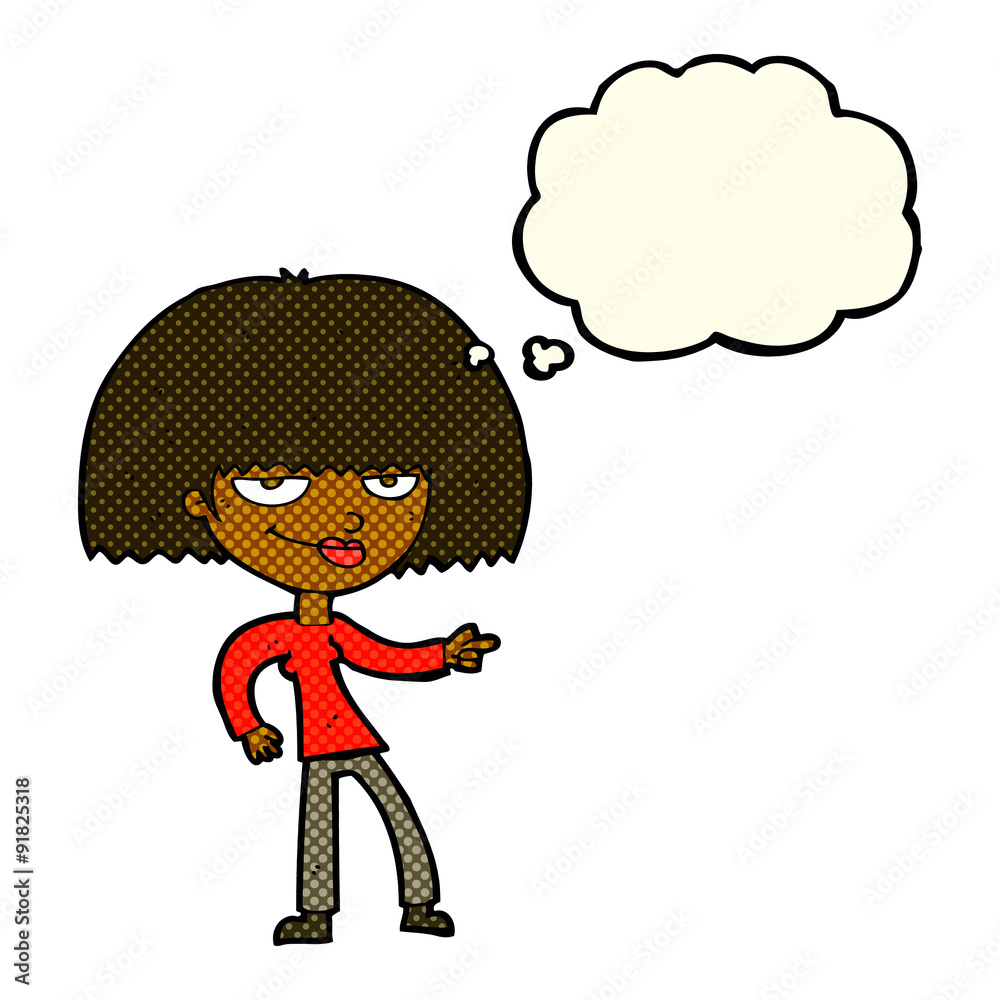 cartoon happy woman pointing with thought bubble