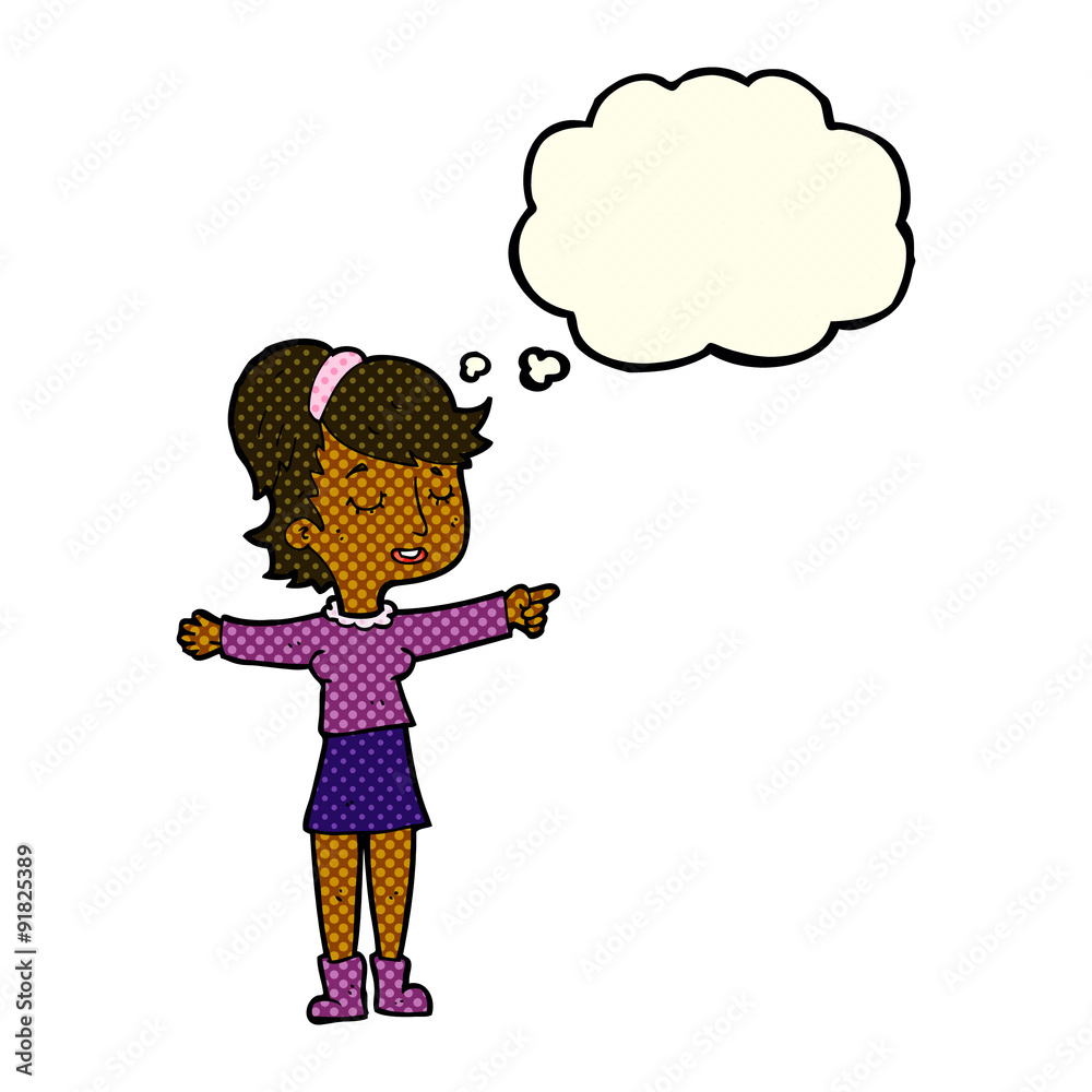 cartoon happy woman pointing with thought bubble cartoon happy woman pointing with thought bubble