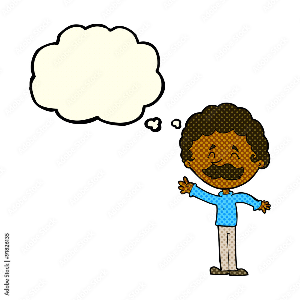 cartoon man with mustache waving with thought bubble cartoon man with mustache waving with thought bubble