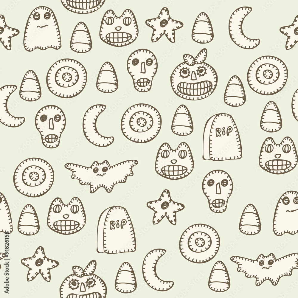 Happy Halloween seamless pattern with ghosts, tombs, moon, cats, bats, pumplins