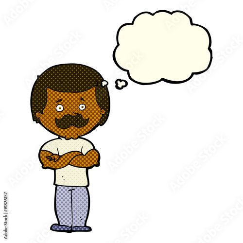 cartoon manly mustache man with thought bubble