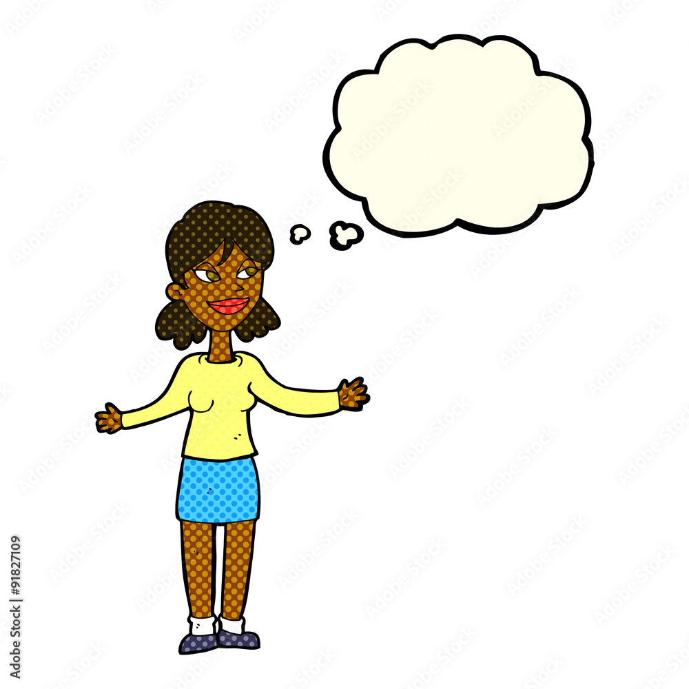 cartoon happy woman shrugging shoulders with thought bubble cartoon happy woman shrugging shoulders with thought bubble