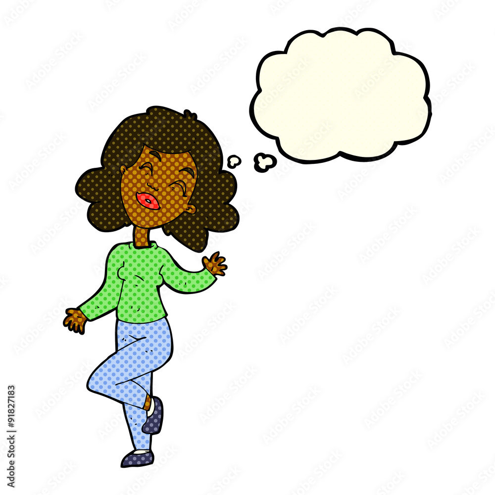 cartoon happy woman dancing with thought bubble cartoon happy woman dancing with thought bubble