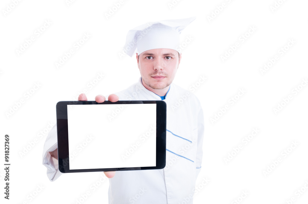 Chef or cook showing tablet with blank white empty screen Chef or cook showing tablet with blank white empty screen