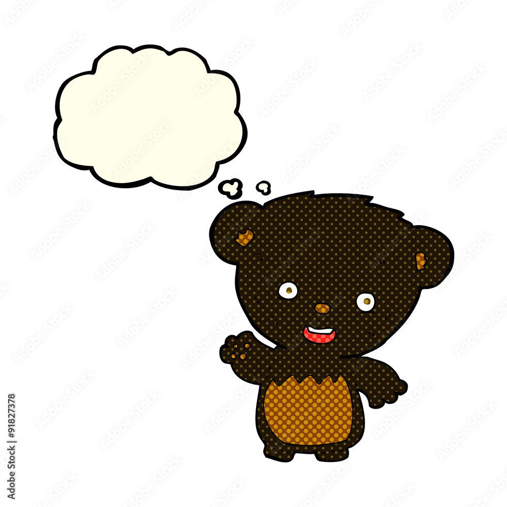 Fototapeta premium cartoon black bearcub waving with thought bubble